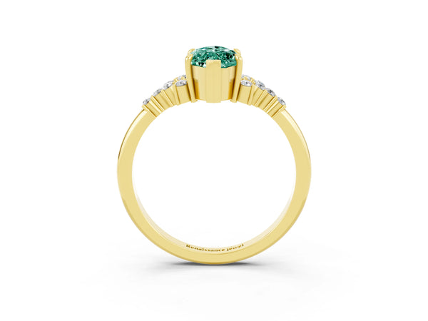Yellow gold Marquise Cut Green Sapphire Ring with Side Stones and Four-Prong Setting