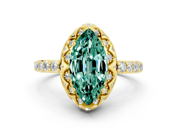 Yellow gold Marquise Cut Green Sapphire Scalloped Halo Engagement Ring with Round Shared Prong Band