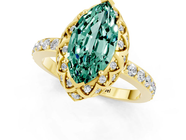 Yellow gold Marquise Cut Green Sapphire Scalloped Halo Engagement Ring with Round Shared Prong Band