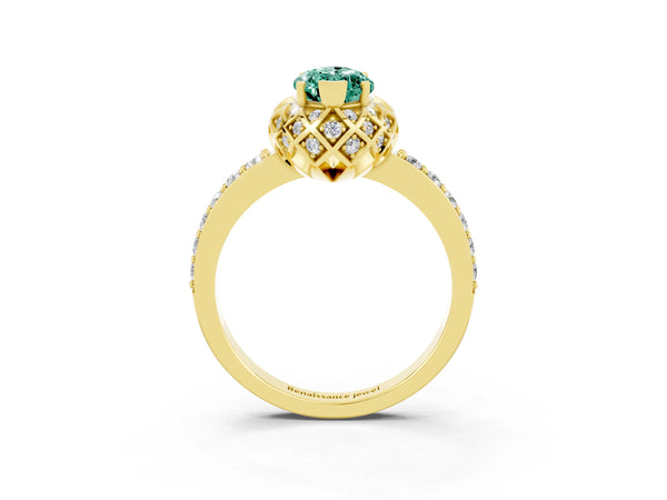Yellow gold Marquise Cut Green Sapphire Scalloped Halo Engagement Ring with Round Shared Prong Band