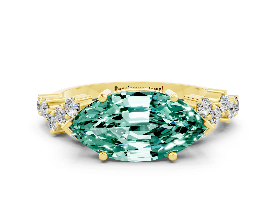 Yellow gold Marquise Cut Green Sapphire Scattered Round Accent Ring with Prong Setting_12