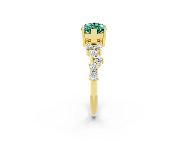 Yellow gold Marquise Cut Green Sapphire Scattered Round Accent Ring with Prong Setting