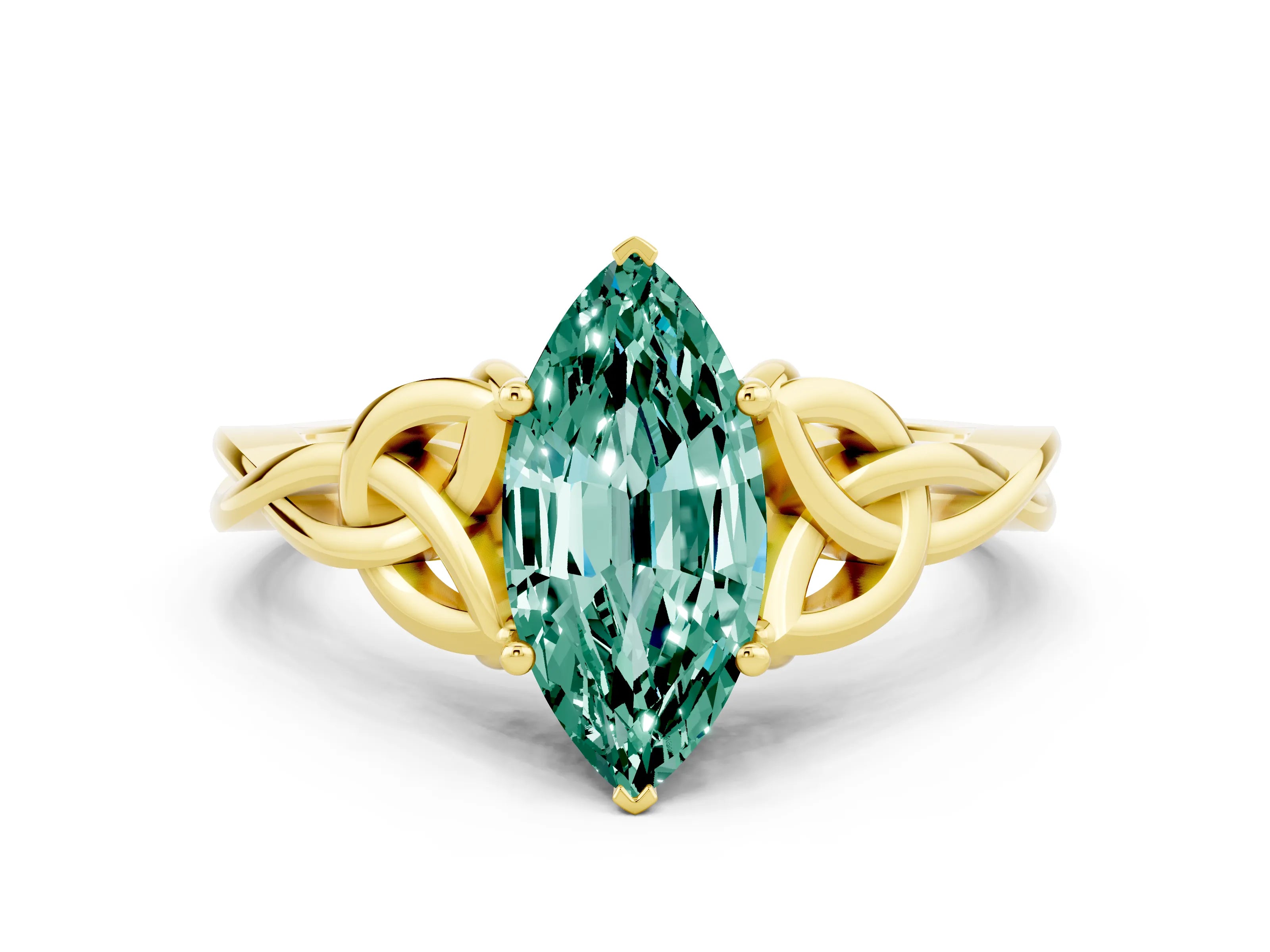 Yellow gold Marquise Cut Green Sapphire Solitaire Celtic Knot Ring with Four-Prong Setting_12
