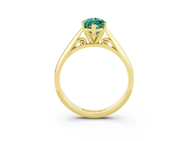 Yellow gold Marquise Cut Green Sapphire Solitaire Engagement Ring with Cathedral Setting and Four-Prong Mount