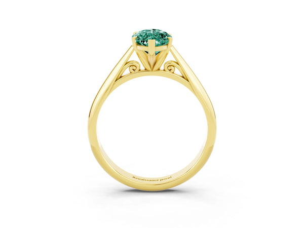 Yellow gold Marquise Cut Green Sapphire Solitaire Engagement Ring with Cathedral Setting and Four-Prong Mount