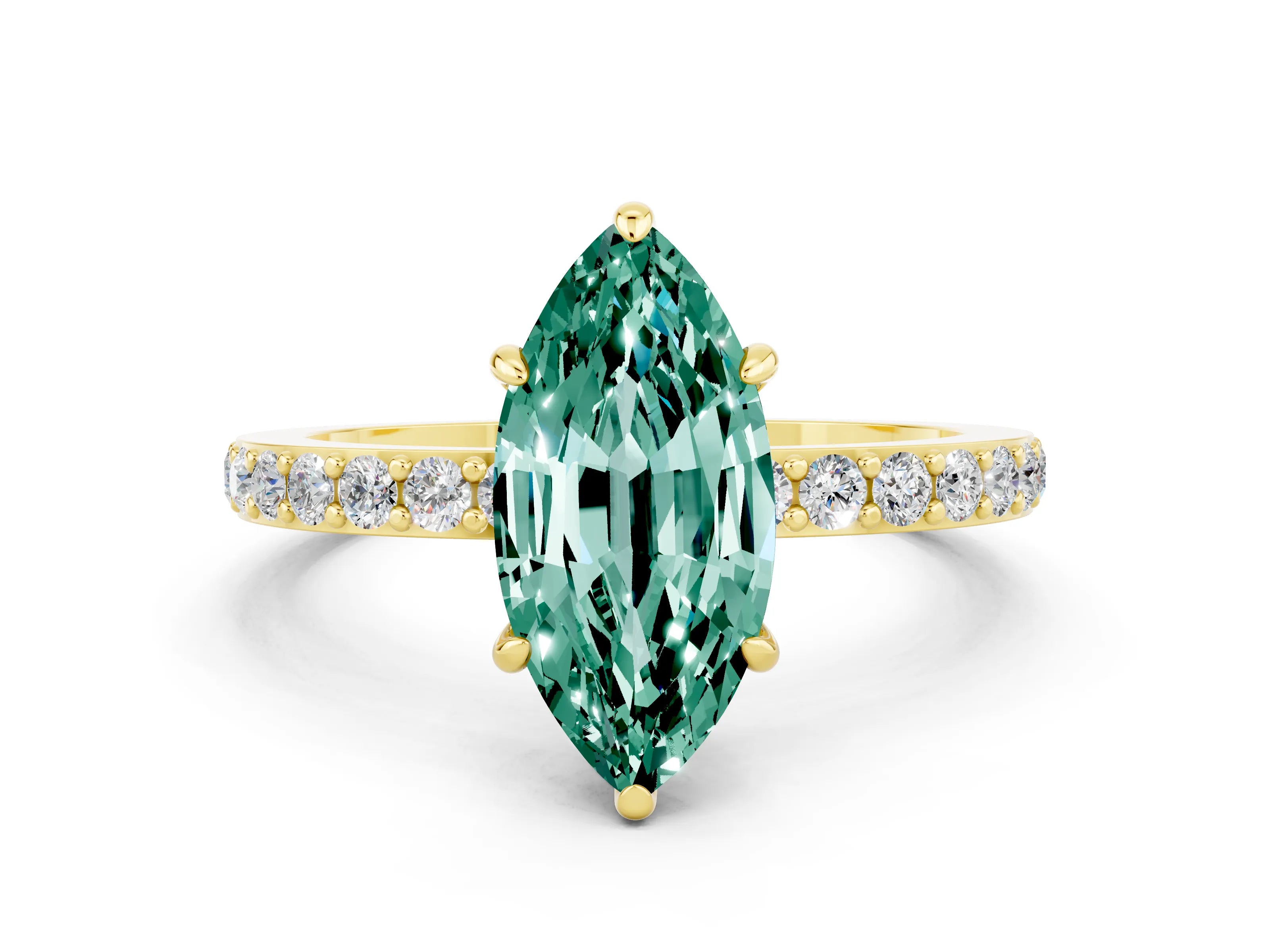 Yellow gold Marquise Cut Green Sapphire Solitaire Engagement Ring with Pavé Band and Four-Prong Setting