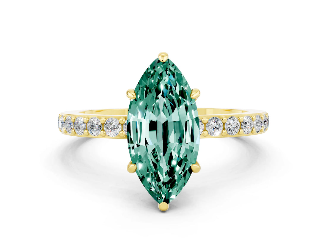 Yellow gold Marquise Cut Green Sapphire Solitaire Engagement Ring with Pavé Band and Four-Prong Setting