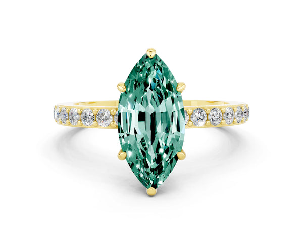 Yellow gold Marquise Cut Green Sapphire Solitaire Engagement Ring with Pavé Band and Four-Prong Setting