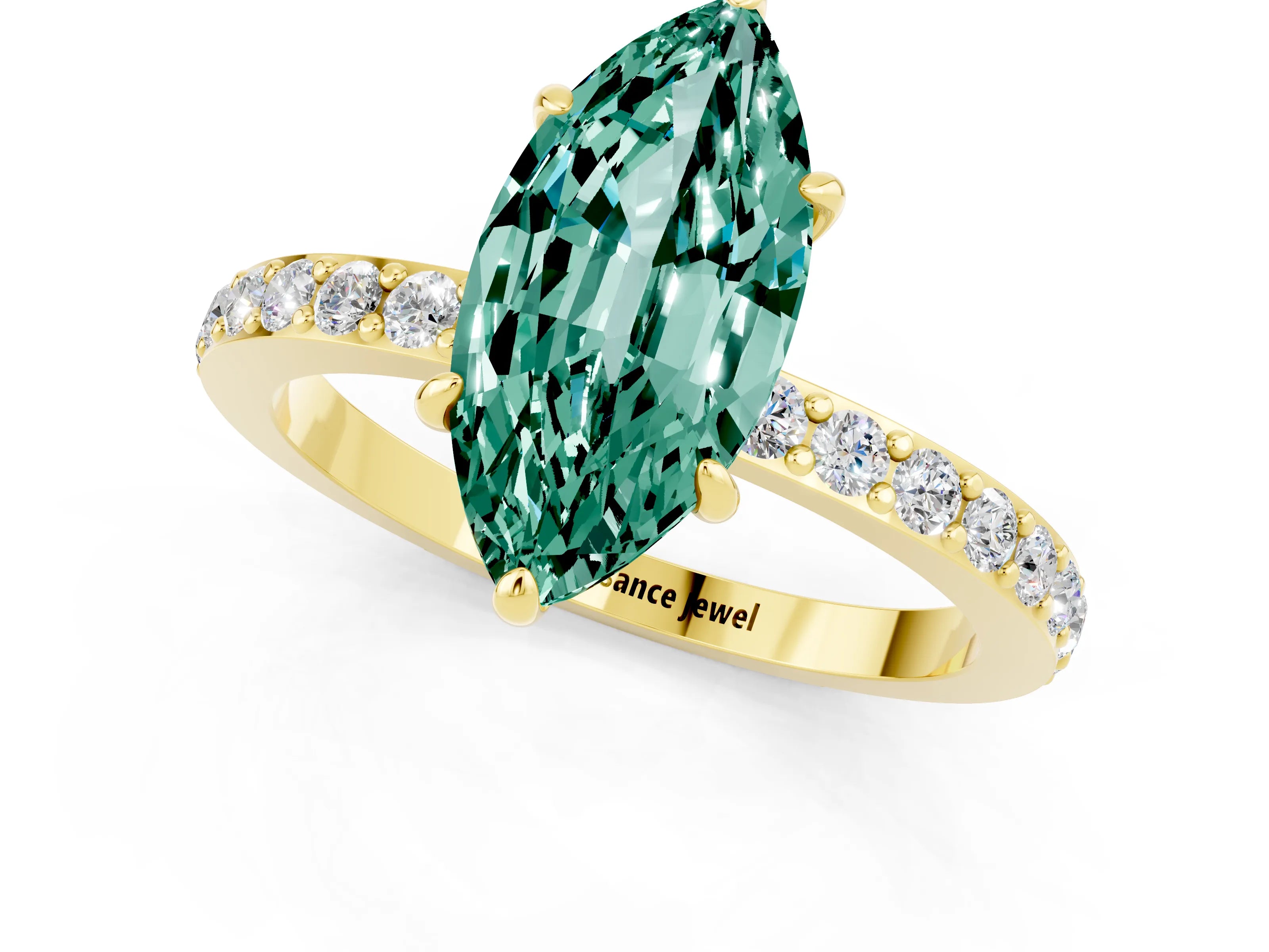 Yellow gold Marquise Cut Green Sapphire Solitaire Engagement Ring with Pavé Band and Four-Prong Setting_1