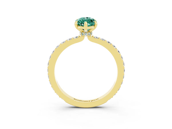 Yellow gold Marquise Cut Green Sapphire Solitaire Engagement Ring with Pavé Band and Four-Prong Setting