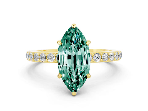 Yellow gold Marquise Cut Green Sapphire Solitaire Engagement Ring with Pavé Band and Four-Prong Setting