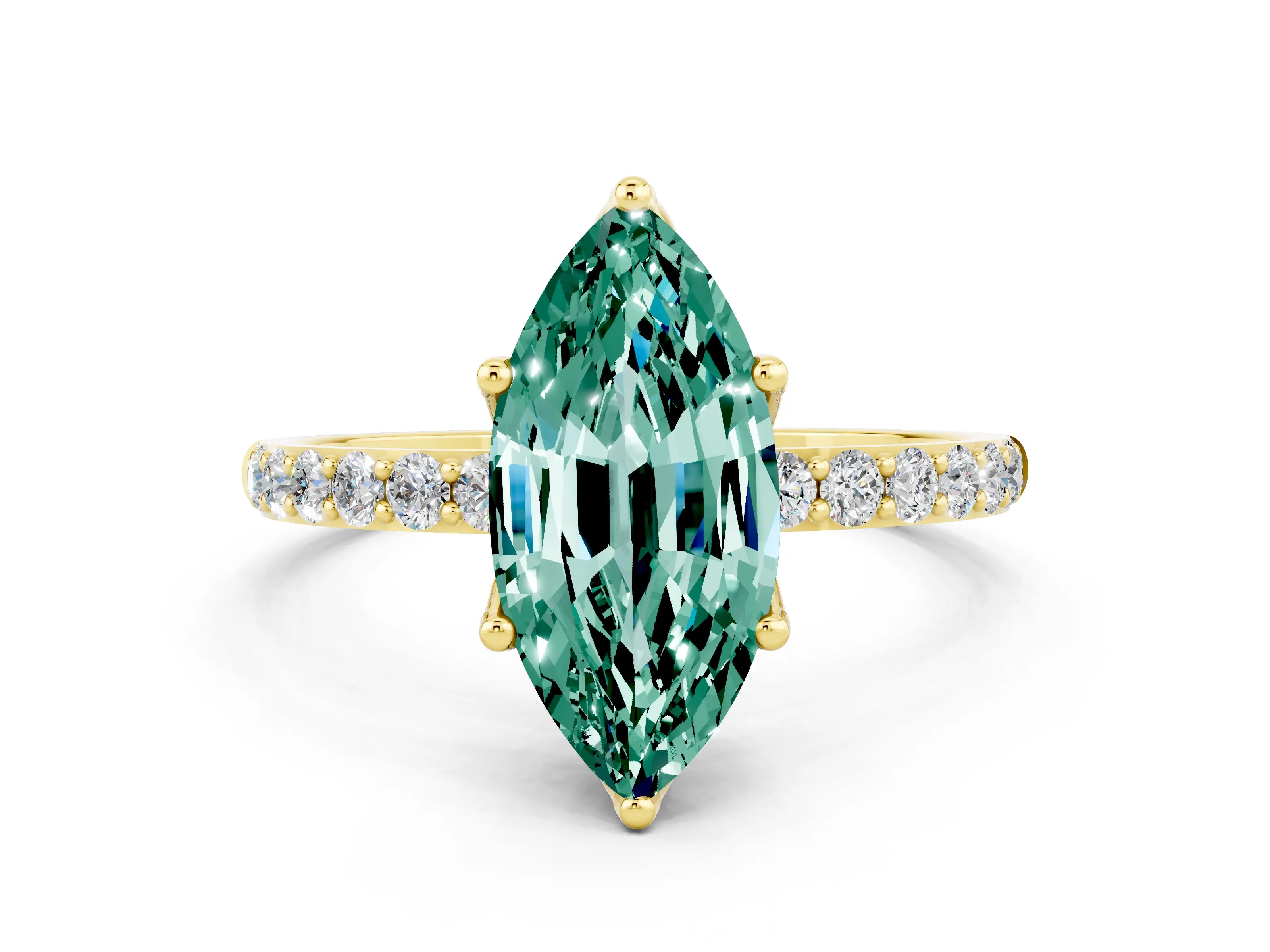 Yellow gold Marquise Cut Green Sapphire Solitaire Engagement Ring with Pavé Band and Prong Setting