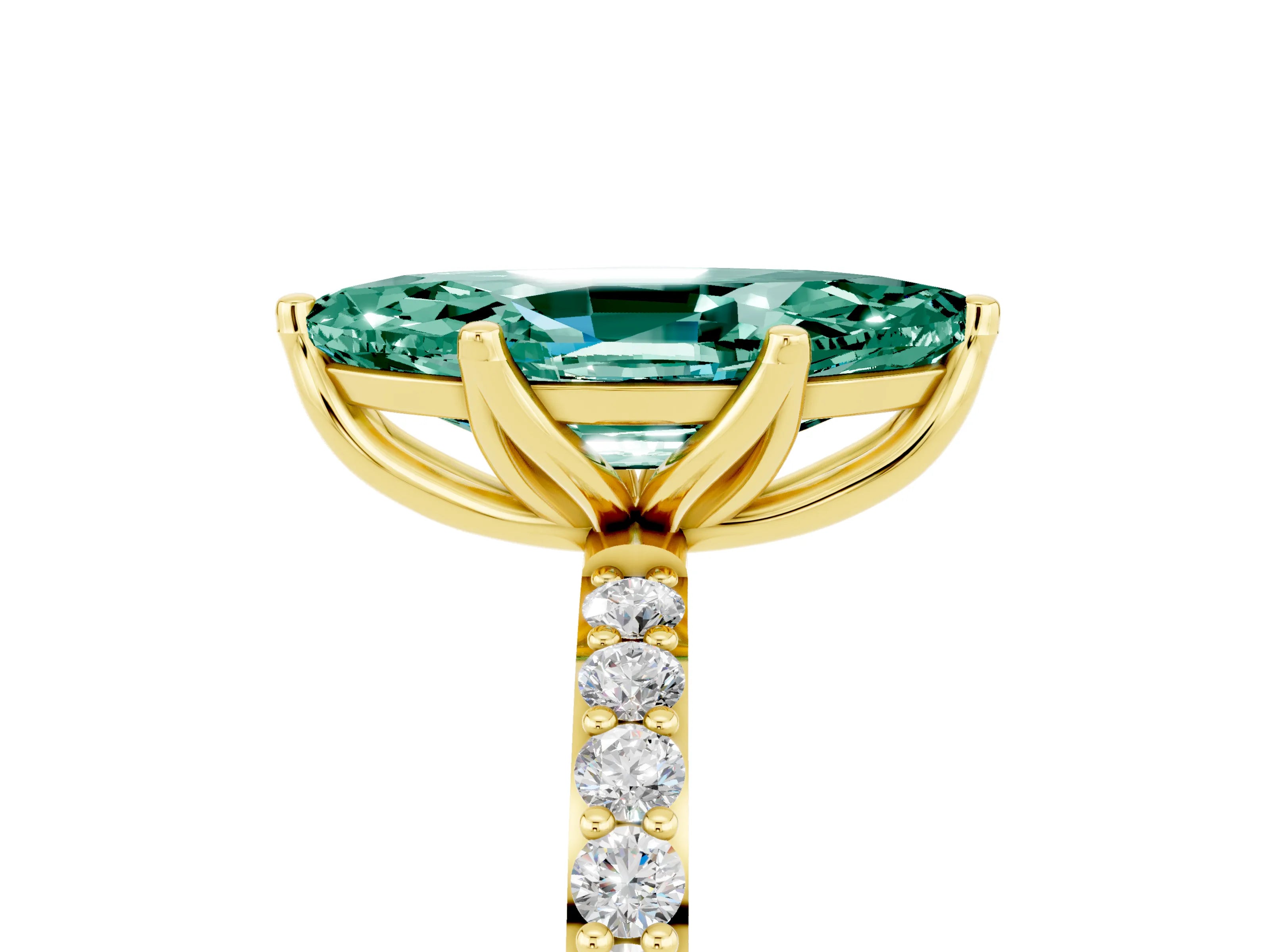Yellow gold Marquise Cut Green Sapphire Solitaire Engagement Ring with Pavé Band and Prong Setting_5