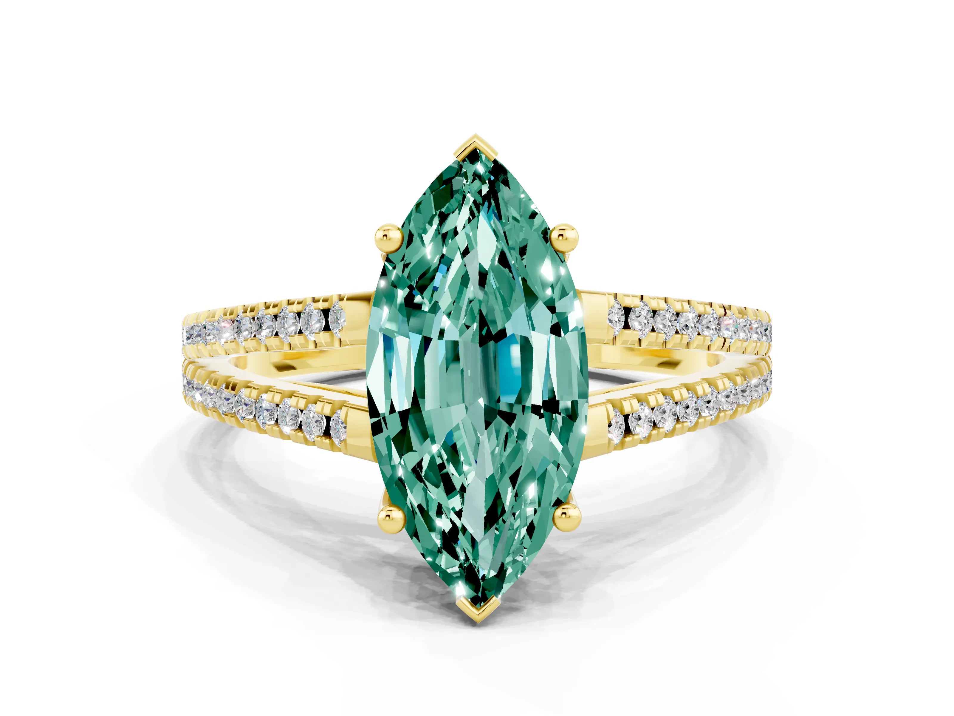 Yellow gold Marquise Cut Green Sapphire Solitaire Engagement Ring with Split Shank Pavé Band