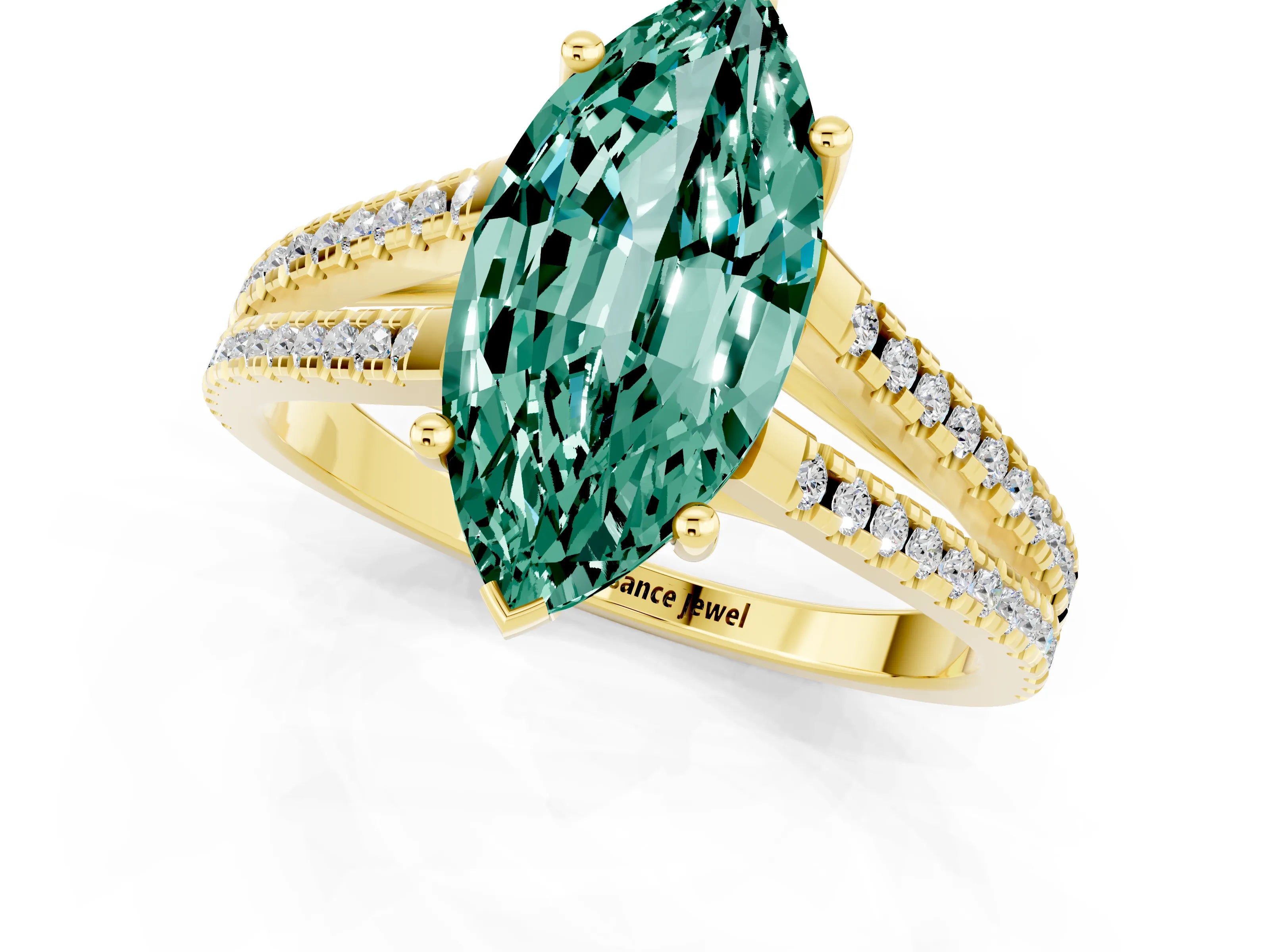 Yellow gold Marquise Cut Green Sapphire Solitaire Engagement Ring with Split Shank Pavé Band_1