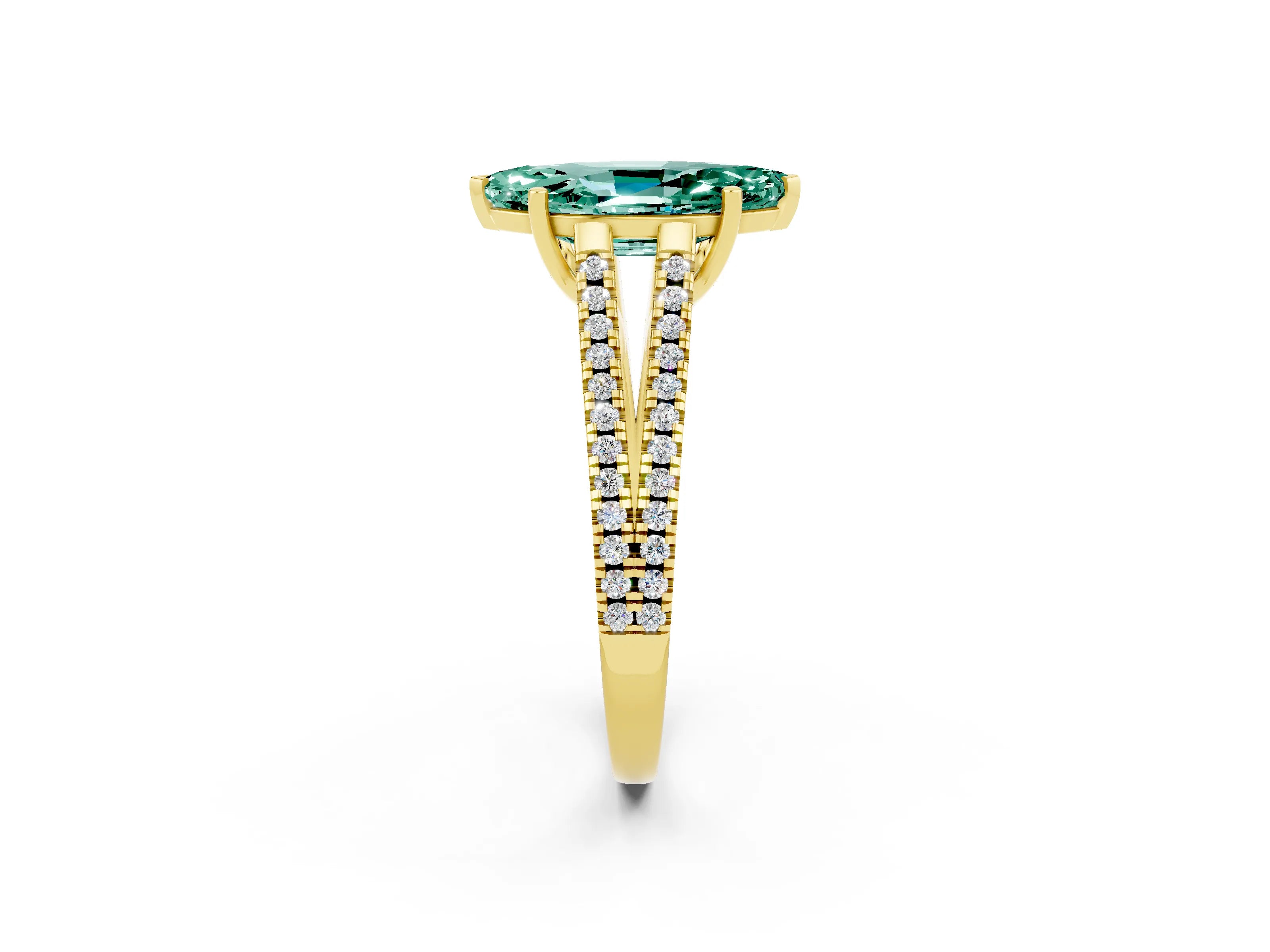 Yellow gold Marquise Cut Green Sapphire Solitaire Engagement Ring with Split Shank Pavé Band_2