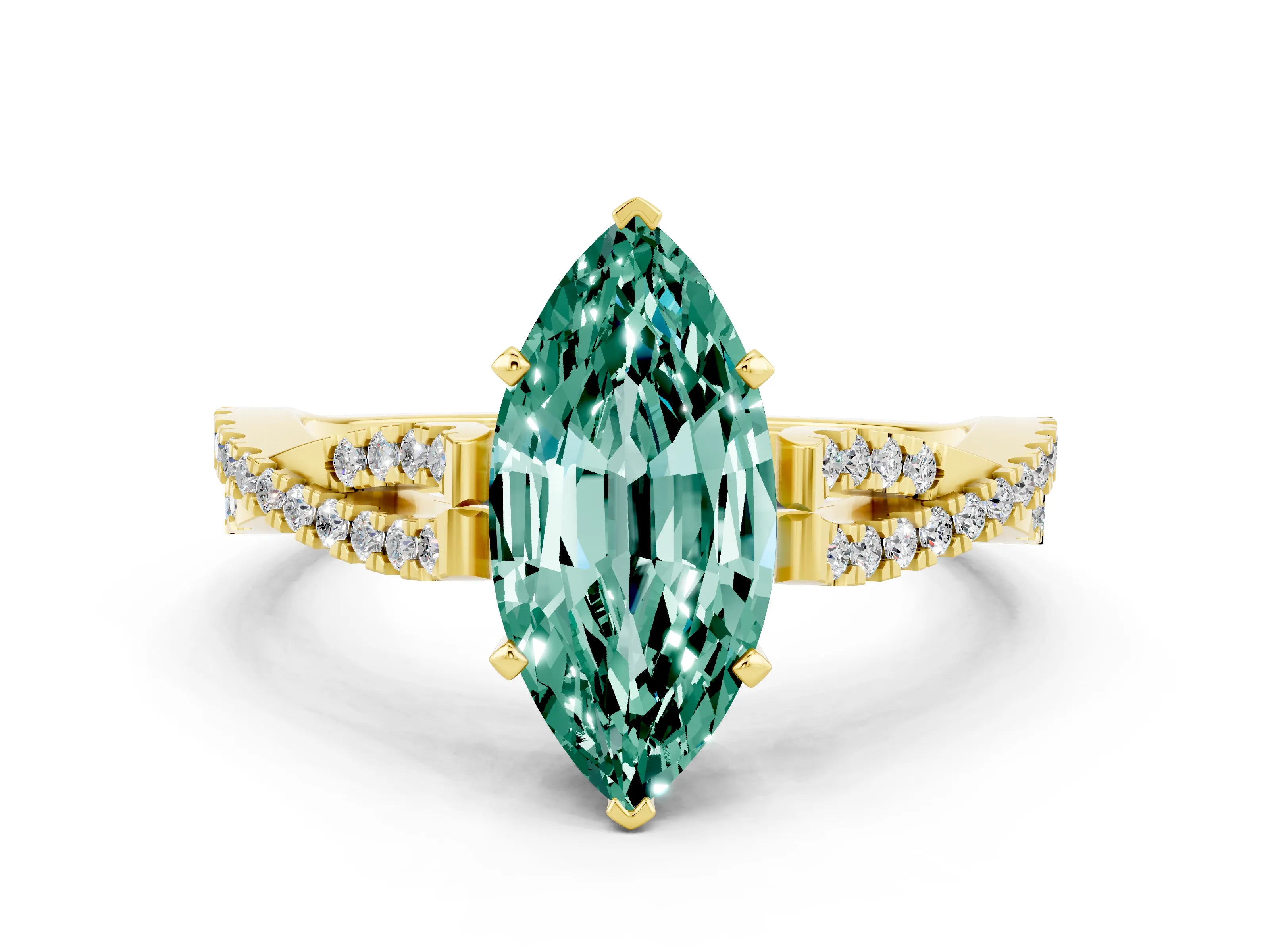 Yellow gold Marquise Cut Green Sapphire Solitaire Engagement Ring with Twisted Pavé Band and Four-Prong Setting
