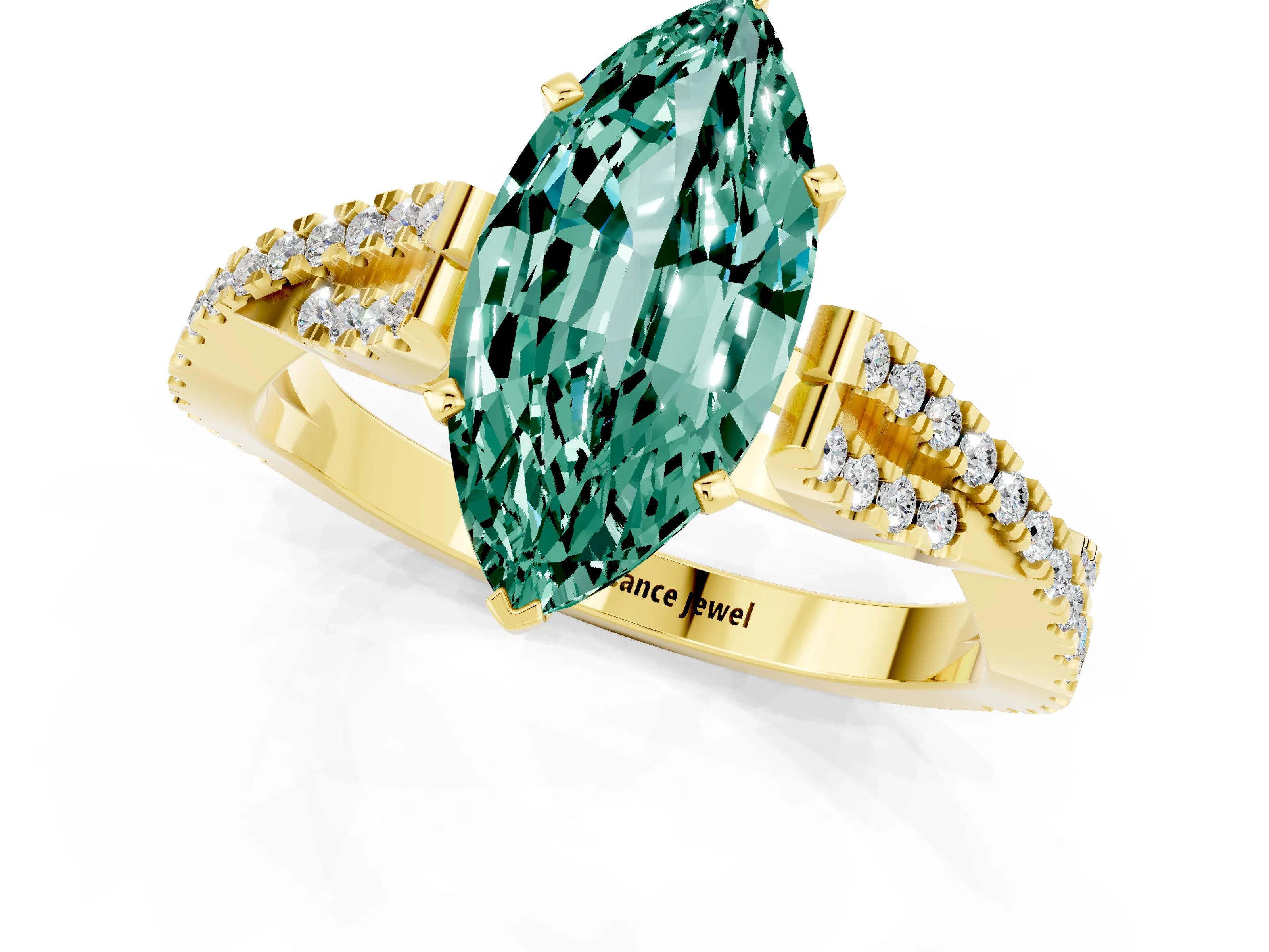 Yellow gold Marquise Cut Green Sapphire Solitaire Engagement Ring with Twisted Pavé Band and Four-Prong Setting_1