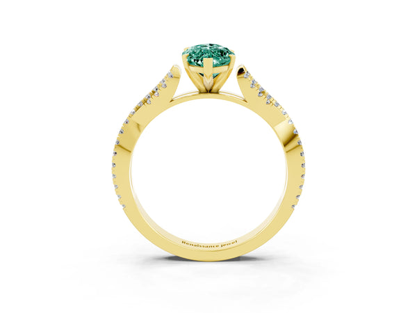 Yellow gold Marquise Cut Green Sapphire Solitaire Engagement Ring with Twisted Pavé Band and Four-Prong Setting