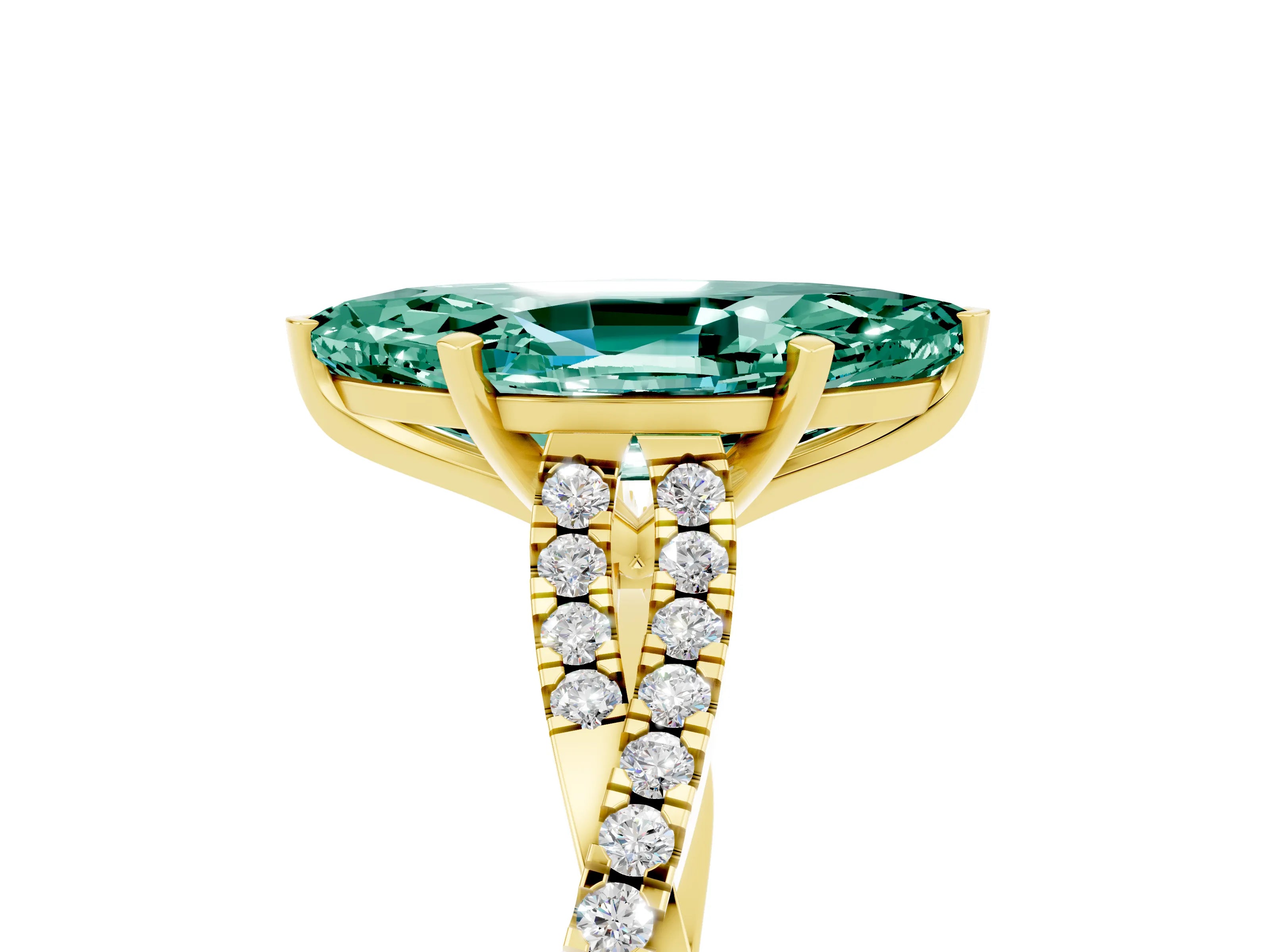 Yellow gold Marquise Cut Green Sapphire Solitaire Engagement Ring with Twisted Pavé Band and Four-Prong Setting_5