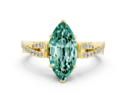Yellow gold Marquise Cut Green Sapphire Solitaire Engagement Ring with Twisted Pavé Band and Four-Prong Setting