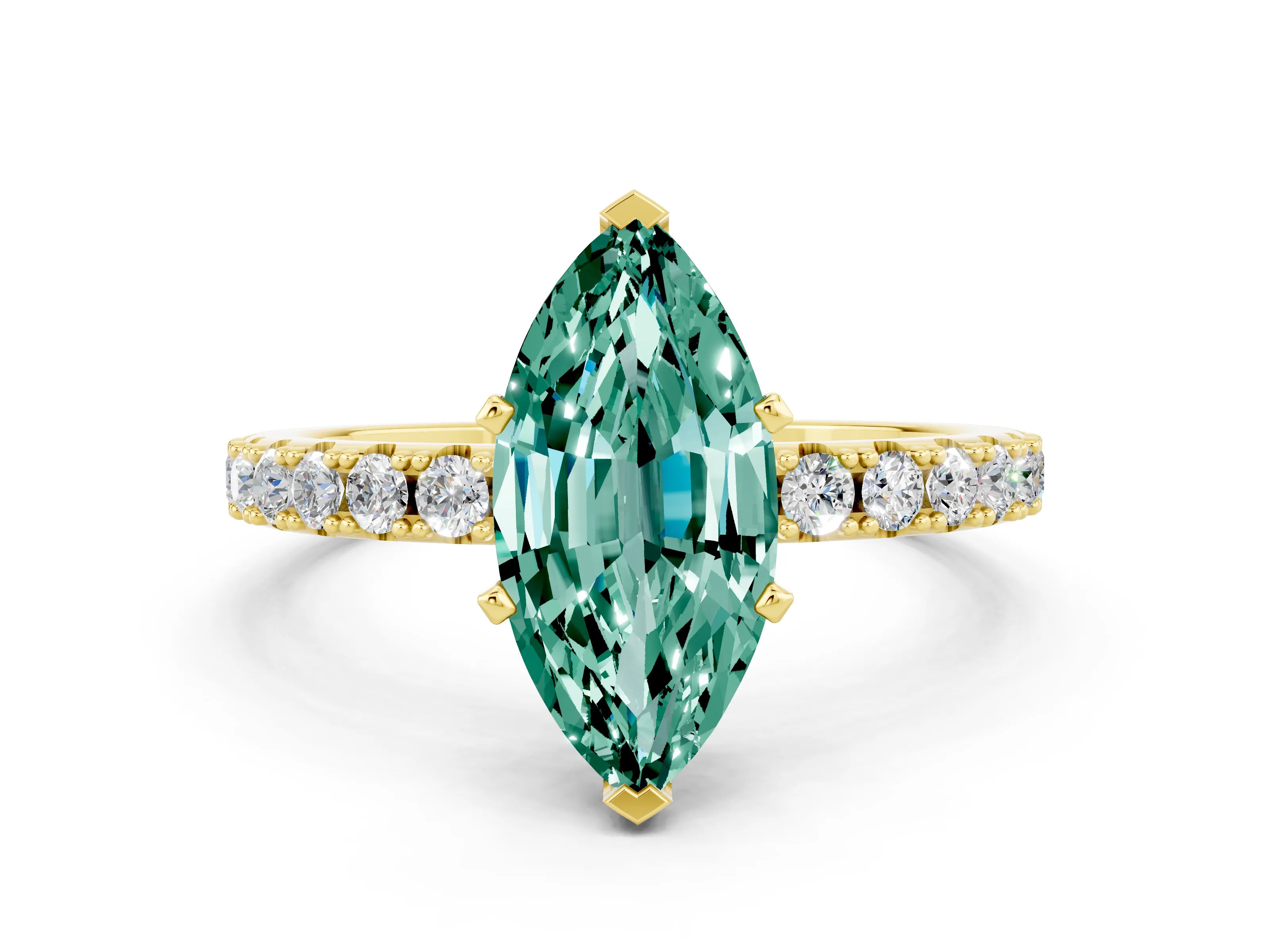 Yellow gold Marquise Cut Green Sapphire Solitaire Pavé Band with Four-Prong Setting