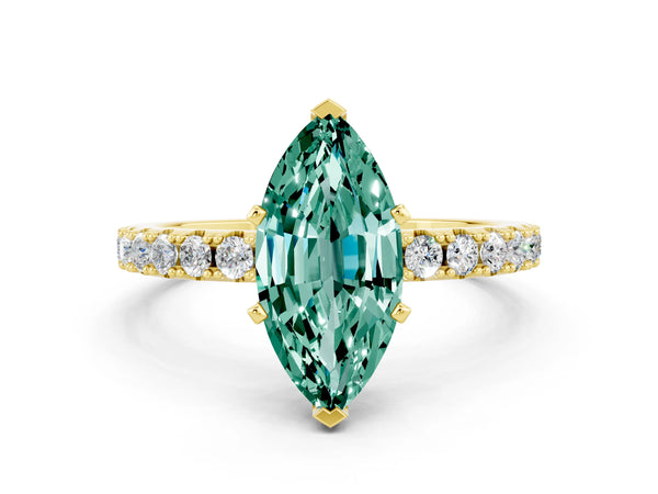 Yellow gold Marquise Cut Green Sapphire Solitaire Pavé Band with Four-Prong Setting