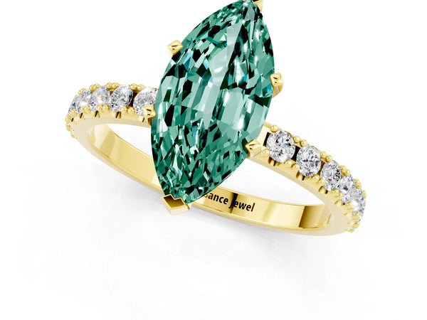 Yellow gold Marquise Cut Green Sapphire Solitaire Pavé Band with Four-Prong Setting