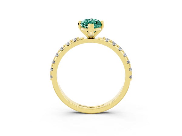 Yellow gold Marquise Cut Green Sapphire Solitaire Pavé Band with Four-Prong Setting