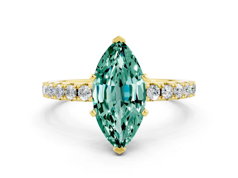 Yellow gold Marquise Cut Green Sapphire Solitaire Pavé Band with Four-Prong Setting