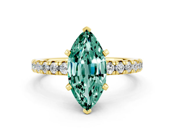 Yellow gold Marquise Cut Green Sapphire Solitaire Pavé Engagement Ring with Round Band and Prong Setting