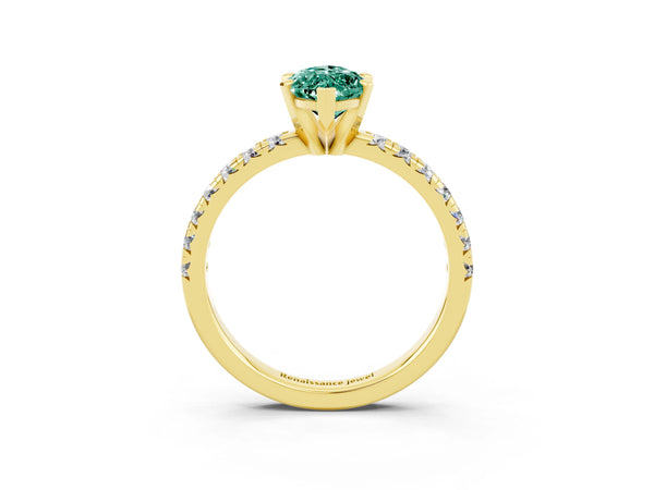 Yellow gold Marquise Cut Green Sapphire Solitaire Pavé Engagement Ring with Round Band and Prong Setting