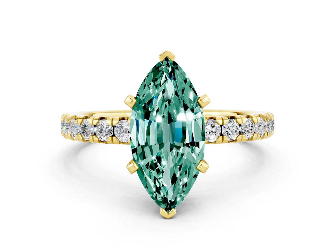 Yellow gold Marquise Cut Green Sapphire Solitaire Pavé Engagement Ring with Round Band and Prong Setting_66