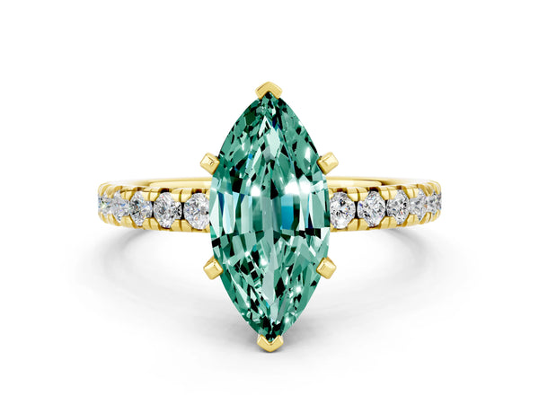 Yellow gold Marquise Cut Green Sapphire Solitaire Pavé Engagement Ring with Round Band and Prong Setting