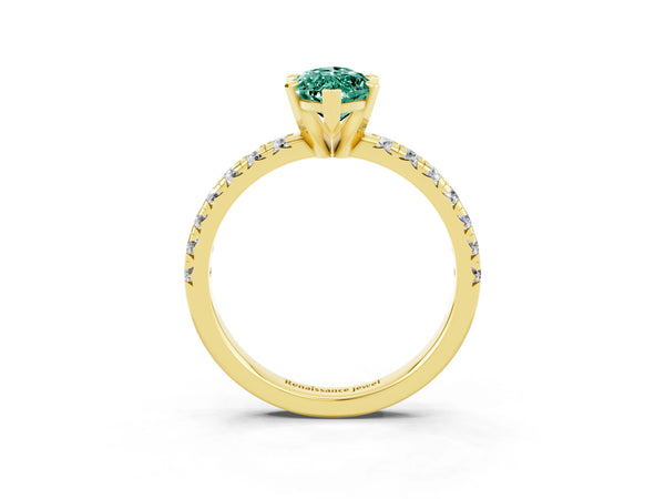 Yellow gold Marquise Cut Green Sapphire Solitaire Pavé Engagement Ring with Round Band and Prong Setting