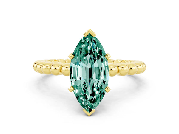 Yellow gold Marquise Cut Green Sapphire Solitaire Ring with Beaded Band and Prong Setting