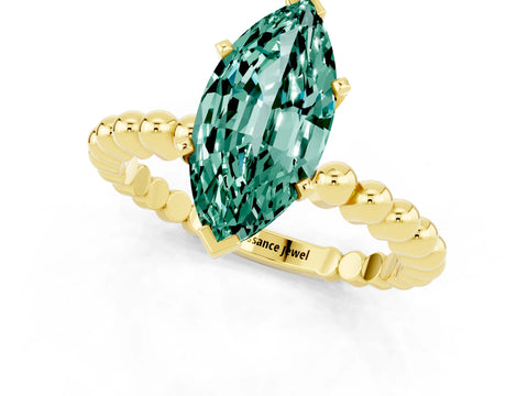 Yellow gold Marquise Cut Green Sapphire Solitaire Ring with Beaded Band and Prong Setting_1