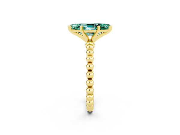 Yellow gold Marquise Cut Green Sapphire Solitaire Ring with Beaded Band and Prong Setting