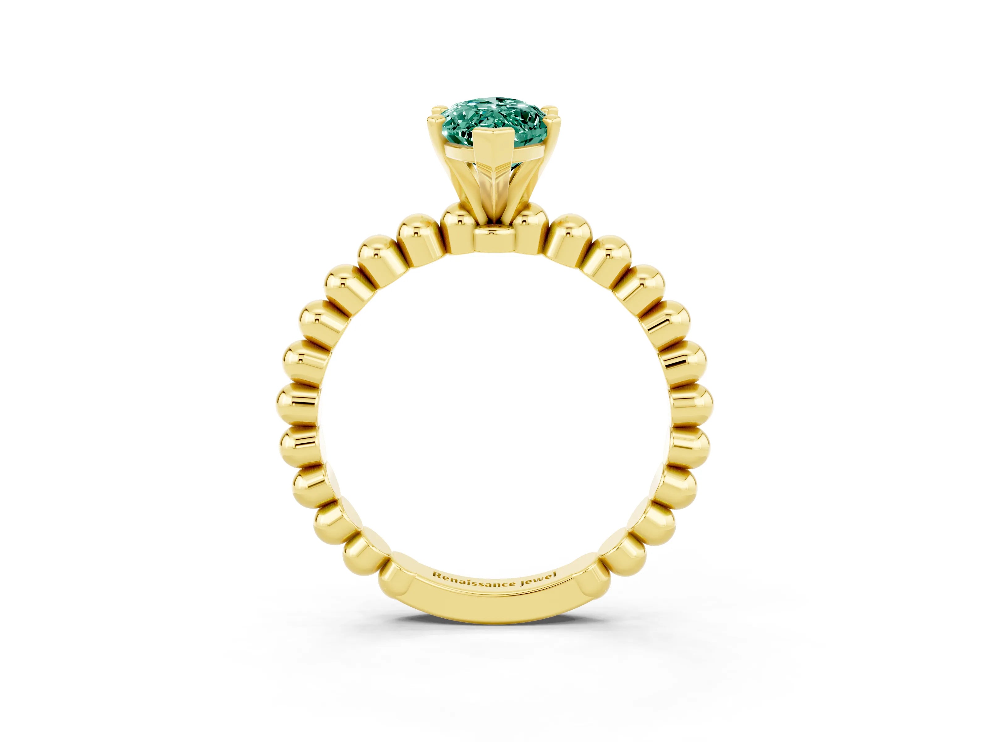 Yellow gold Marquise Cut Green Sapphire Solitaire Ring with Beaded Band and Prong Setting_3