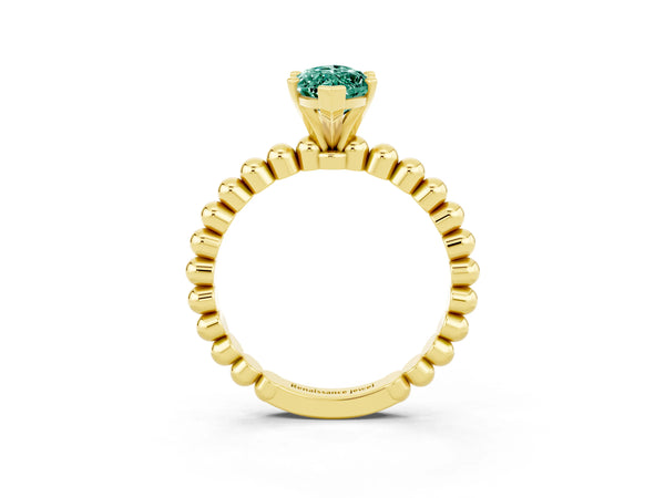 Yellow gold Marquise Cut Green Sapphire Solitaire Ring with Beaded Band and Prong Setting