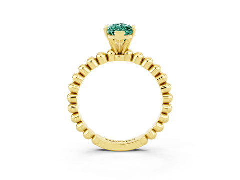 Yellow gold Marquise Cut Green Sapphire Solitaire Ring with Beaded Band and Prong Setting_3