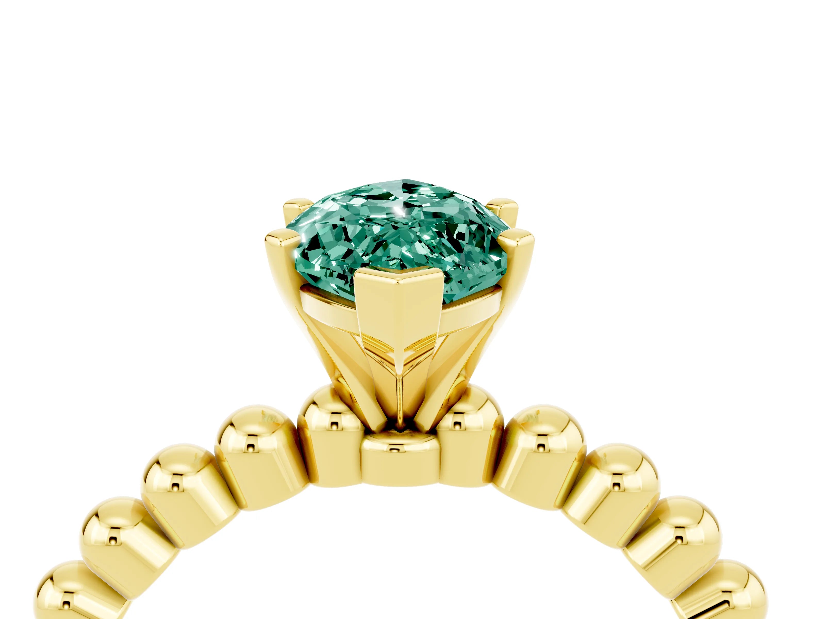 Yellow gold Marquise Cut Green Sapphire Solitaire Ring with Beaded Band and Prong Setting_4