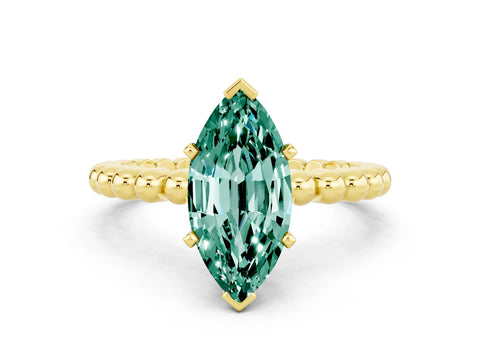 Yellow gold Marquise Cut Green Sapphire Solitaire Ring with Beaded Band and Prong Setting