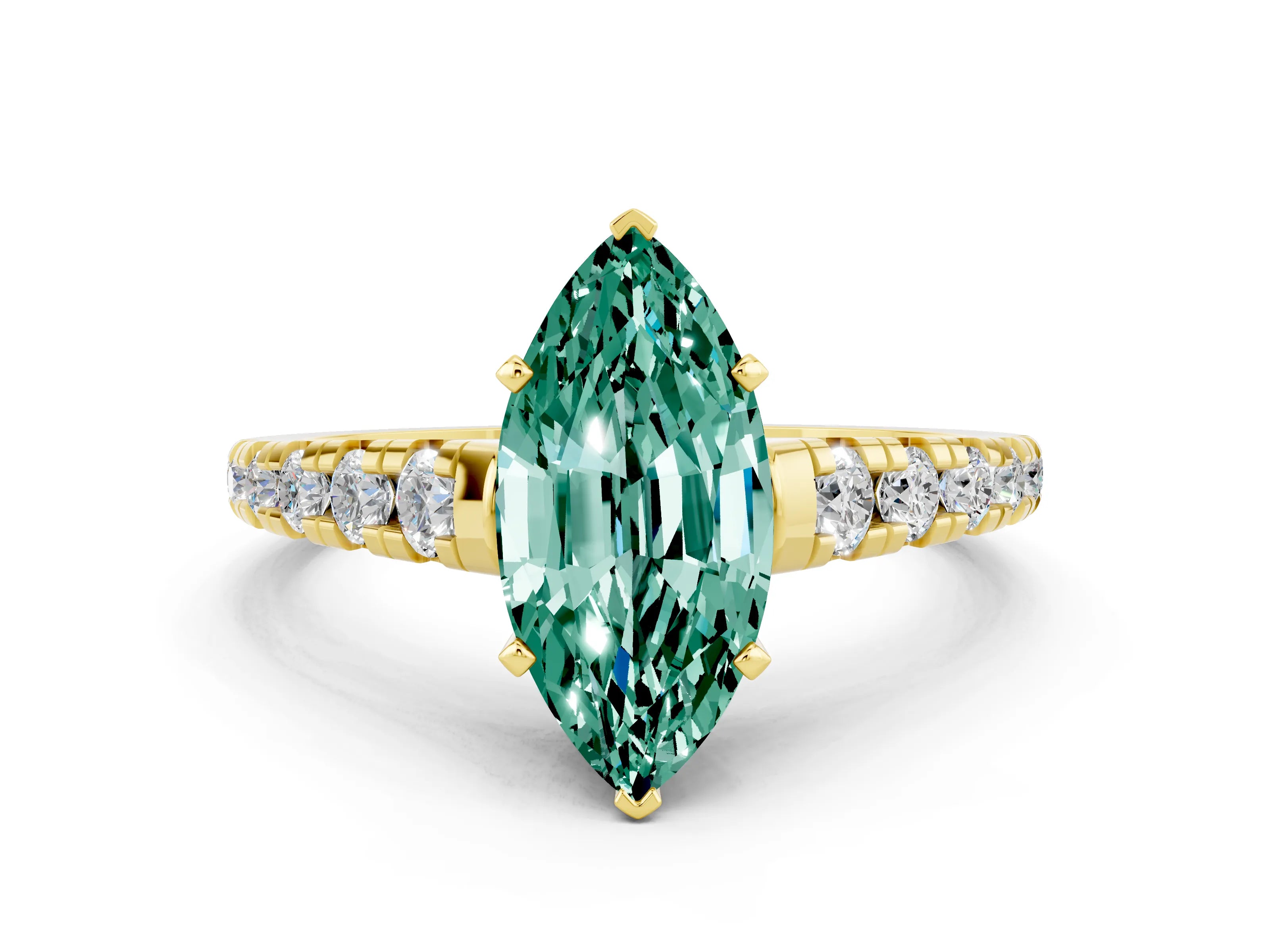 Yellow gold Marquise Cut Green Sapphire Solitaire Ring with Cathedral Setting and Pavé Band