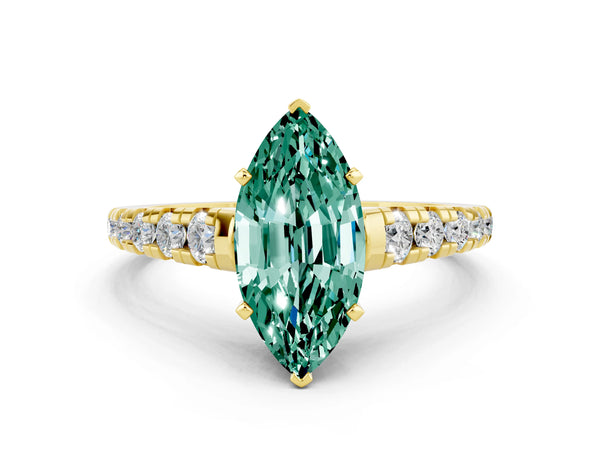 Yellow gold Marquise Cut Green Sapphire Cathedral Solitaire Ring with Round  Pavé Band