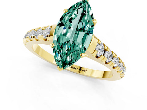 Yellow gold Marquise Cut Green Sapphire Solitaire Ring with Cathedral Setting and Pavé Band_1