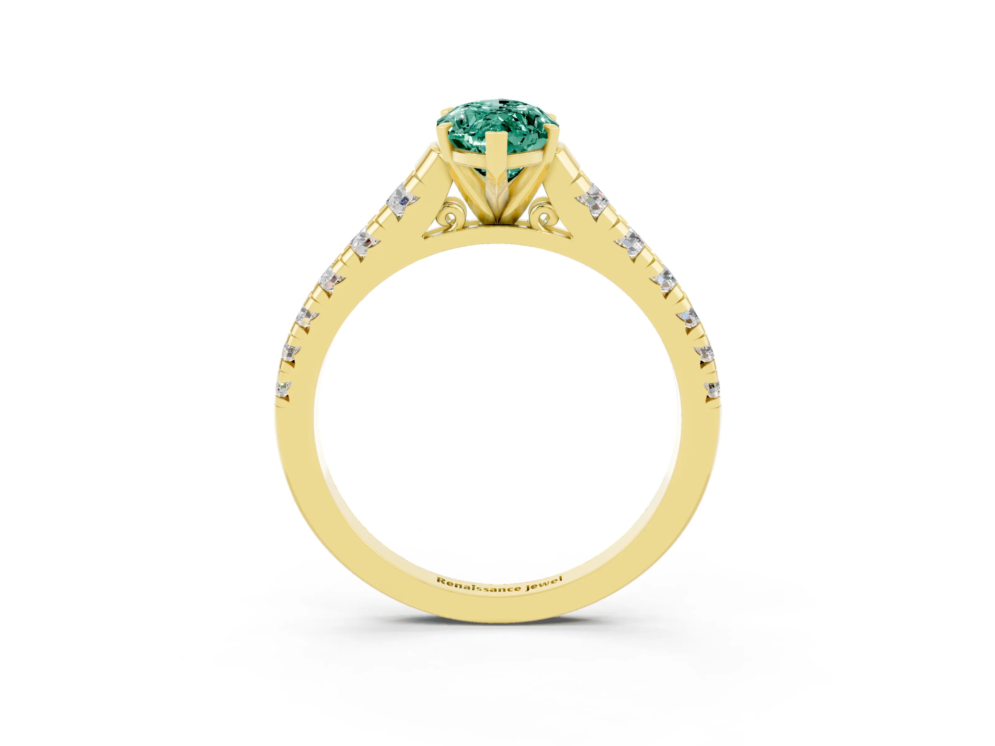 Yellow gold Marquise Cut Green Sapphire Solitaire Ring with Cathedral Setting and Pavé Band_3