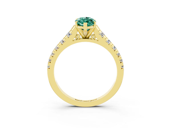 Yellow gold Marquise Cut Green Sapphire Cathedral Solitaire Ring with Round  Pavé Band