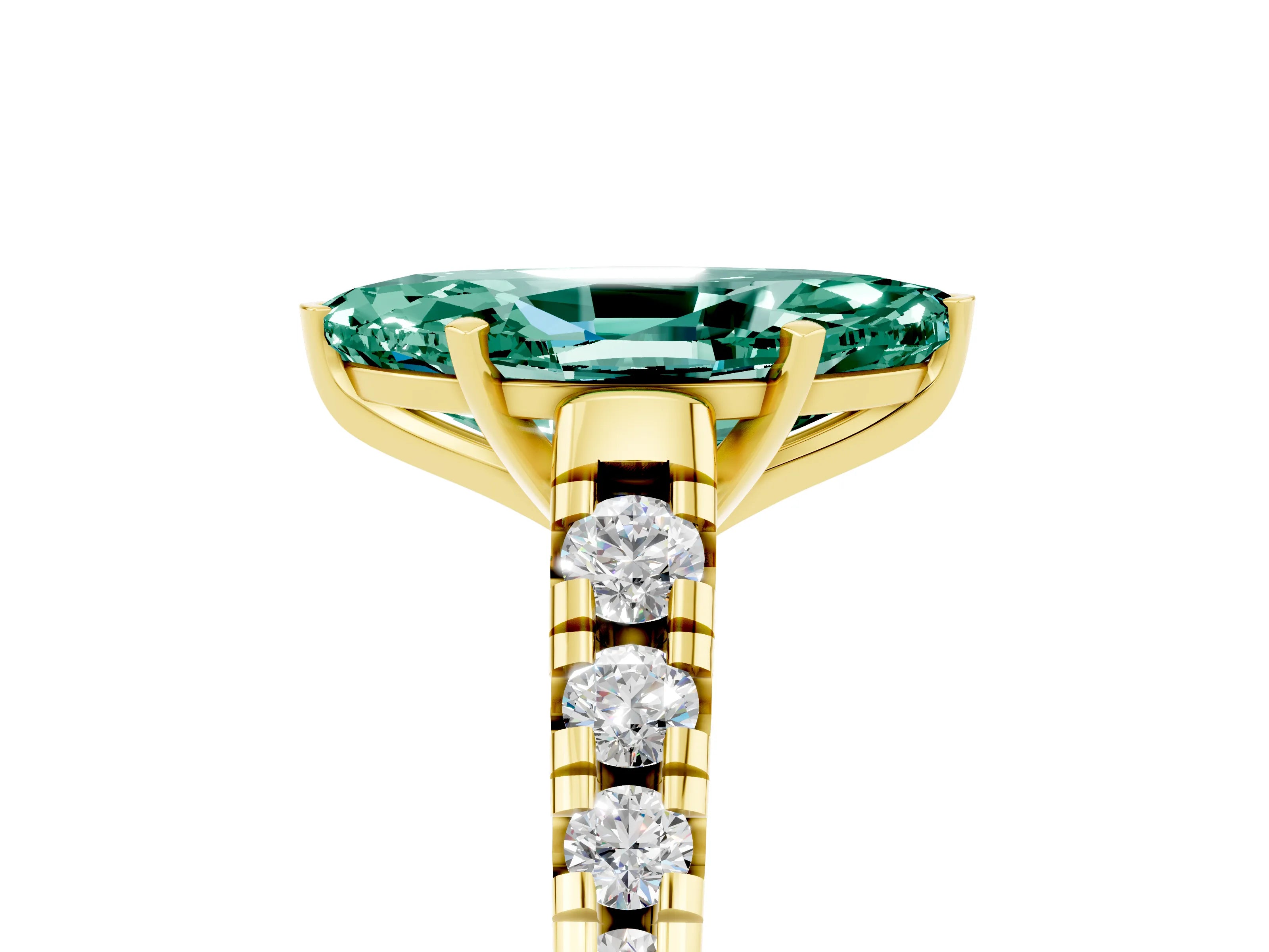 Yellow gold Marquise Cut Green Sapphire Solitaire Ring with Cathedral Setting and Pavé Band_5