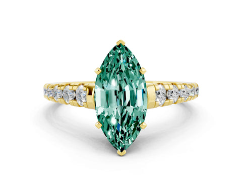 Yellow gold Marquise Cut Green Sapphire Solitaire Ring with Cathedral Setting and Pavé Band